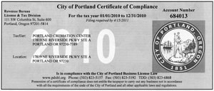 Portland Cremation Center City of Portland Certificate