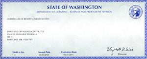 Portland Cremation Center and Mortuary Services State of Washington License